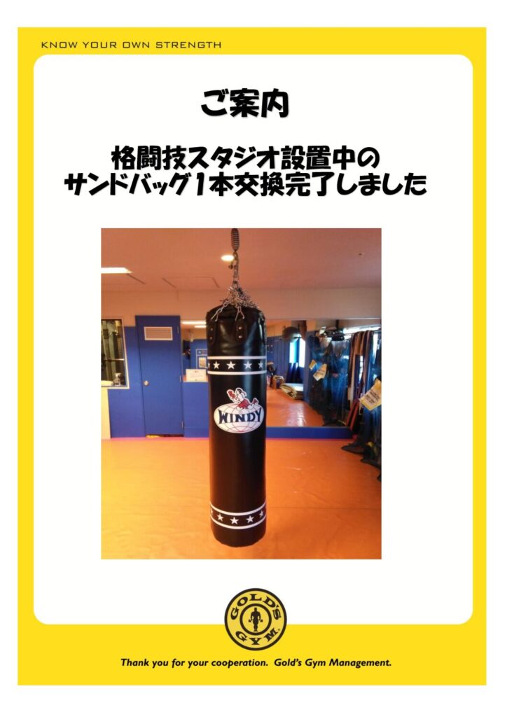 格闘技スタジオ サンドバッグ交換完了